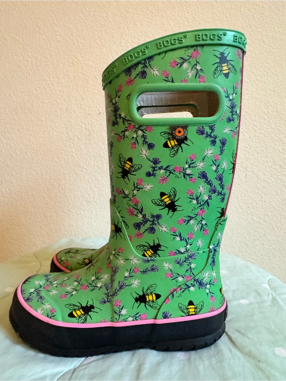 BOGS Kids' rain boots green a pink and blue floral bee print size 12